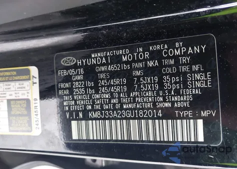 2016 Hyundai Tucson Sport z USA, uszkodzony, nr VIN KM8J33A23GU182014